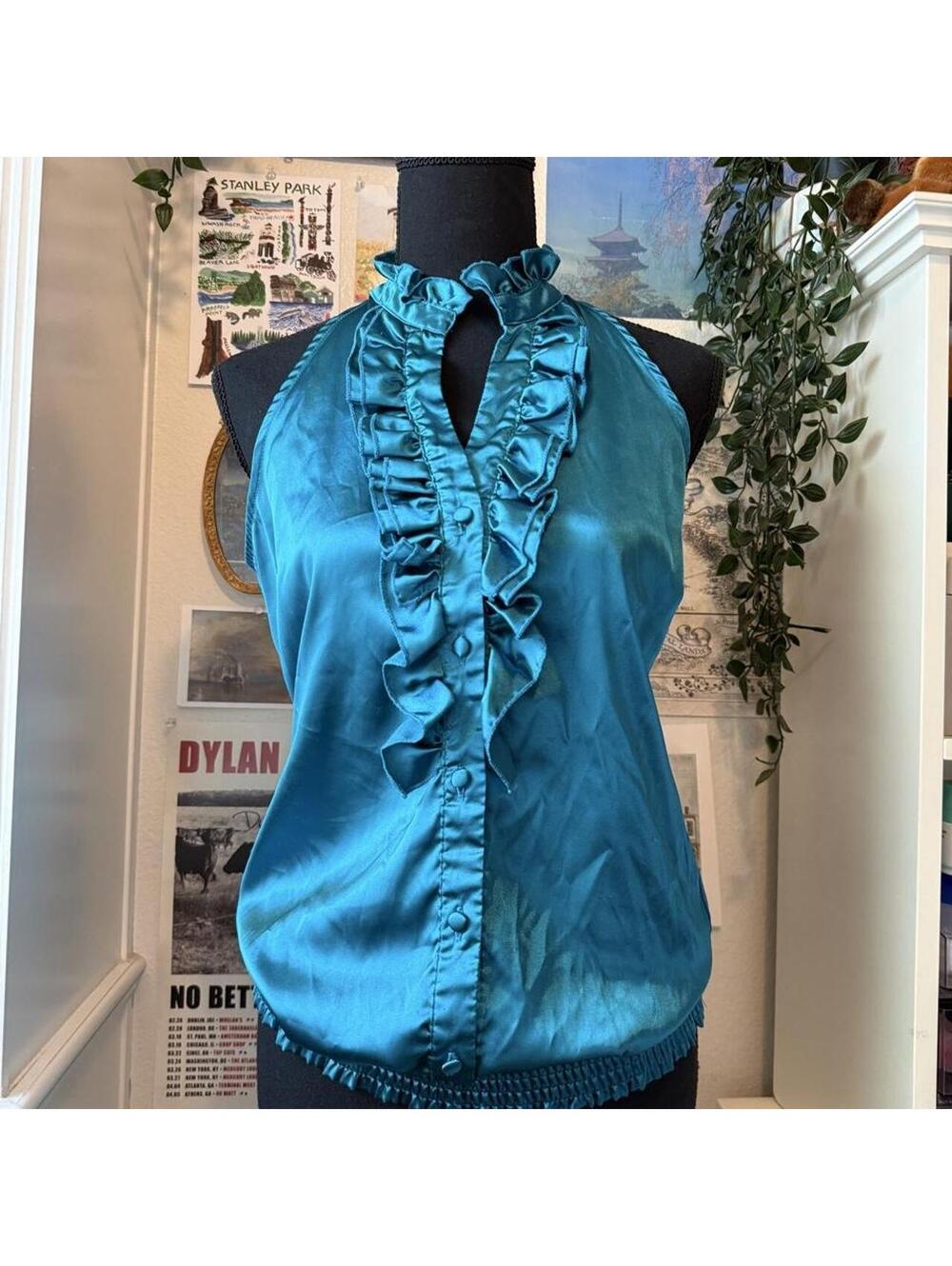 Vintage Y2K Wet Seal Teal Satin Ruffle Halter Top